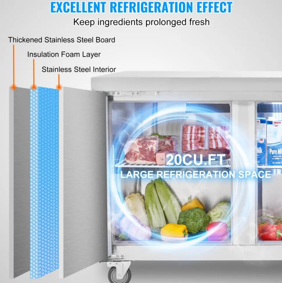 VEVOR 72" Commercial Refrigerator Sandwich & Salad Prep Table, 20 Cu. Ft Stainless Steel Refrigerated Food Prep Station with 3 Doors, Frost Free Refrigerator with Lock for Restaurant, Bar, Store