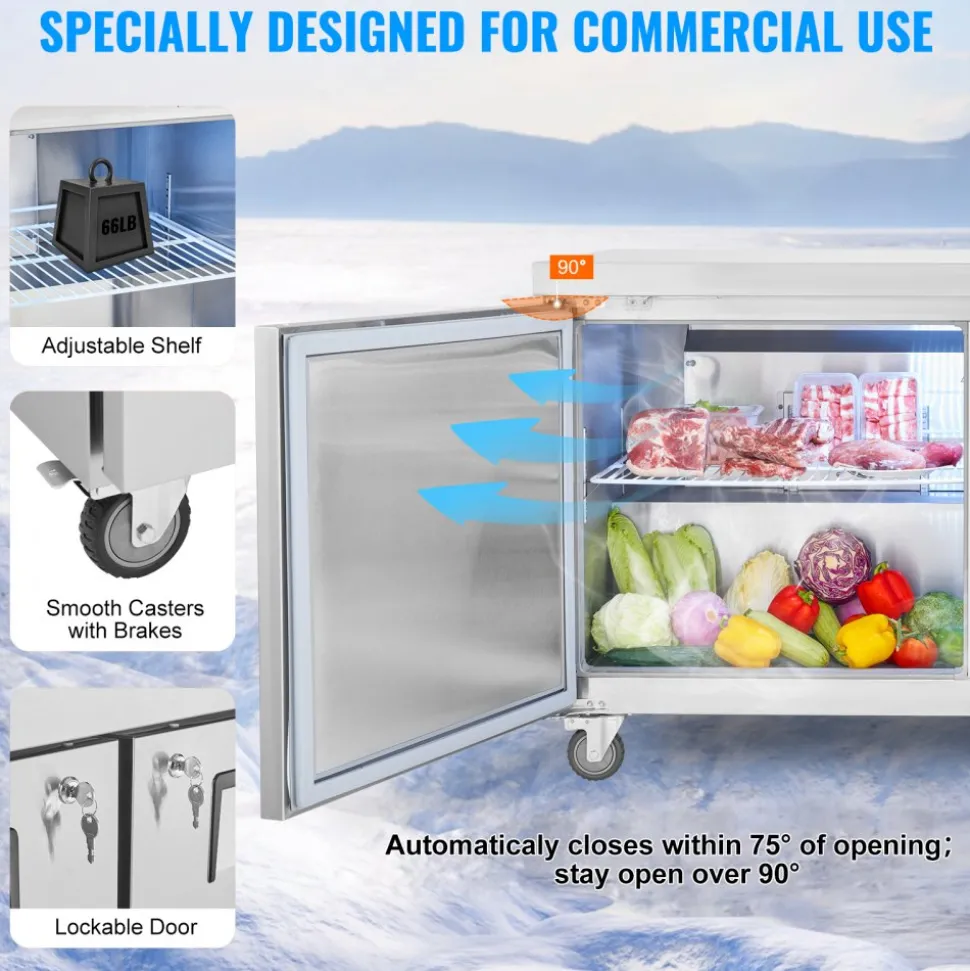 VEVOR 60" Commercial Refrigerator Sandwich & Salad Prep Table, 16.4 Cu. Ft Stainless Steel Refrigerated Food Prep Station with 2 Doors, Frost Free Refrigerator with Lock for Restaurant, Bar, Store