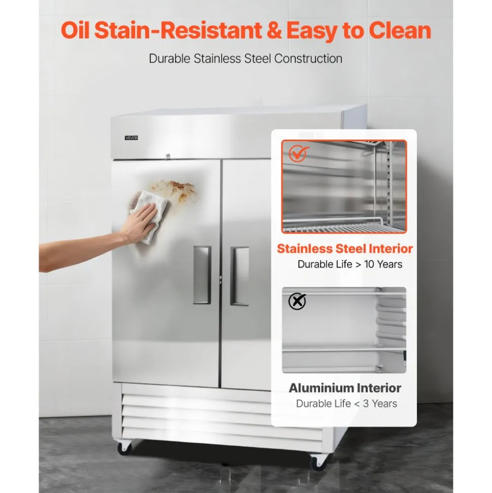 VEVOR Commercial Refrigerator, 32.2 in Width Reach In Upright Refrigeration Double Door, 43.2 Cu.ft Auto-Defrost Stainless Steel Refrigerator with 8 Adjustable Shelves, 32 to 50℉ Temp Range, 4 Wheels