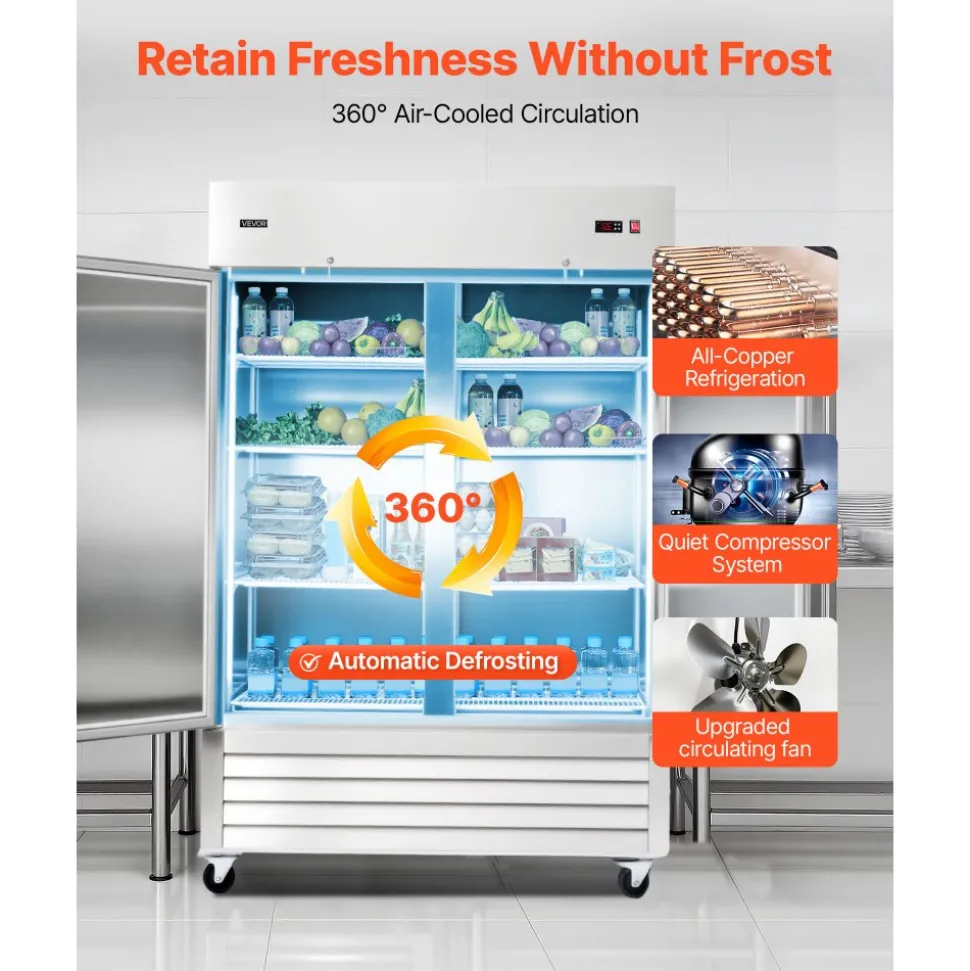 VEVOR Commercial Refrigerator, 32.2 in Width Reach In Upright Refrigeration Double Door, 43.2 Cu.ft Auto-Defrost Stainless Steel Refrigerator with 8 Adjustable Shelves, 32 to 50℉ Temp Range, 4 Wheels