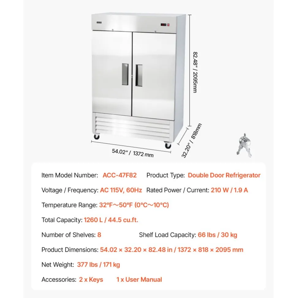 VEVOR Commercial Refrigerator, 32.2 in Width Reach In Upright Refrigeration Double Door, 43.2 Cu.ft Auto-Defrost Stainless Steel Refrigerator with 8 Adjustable Shelves, 32 to 50℉ Temp Range, 4 Wheels