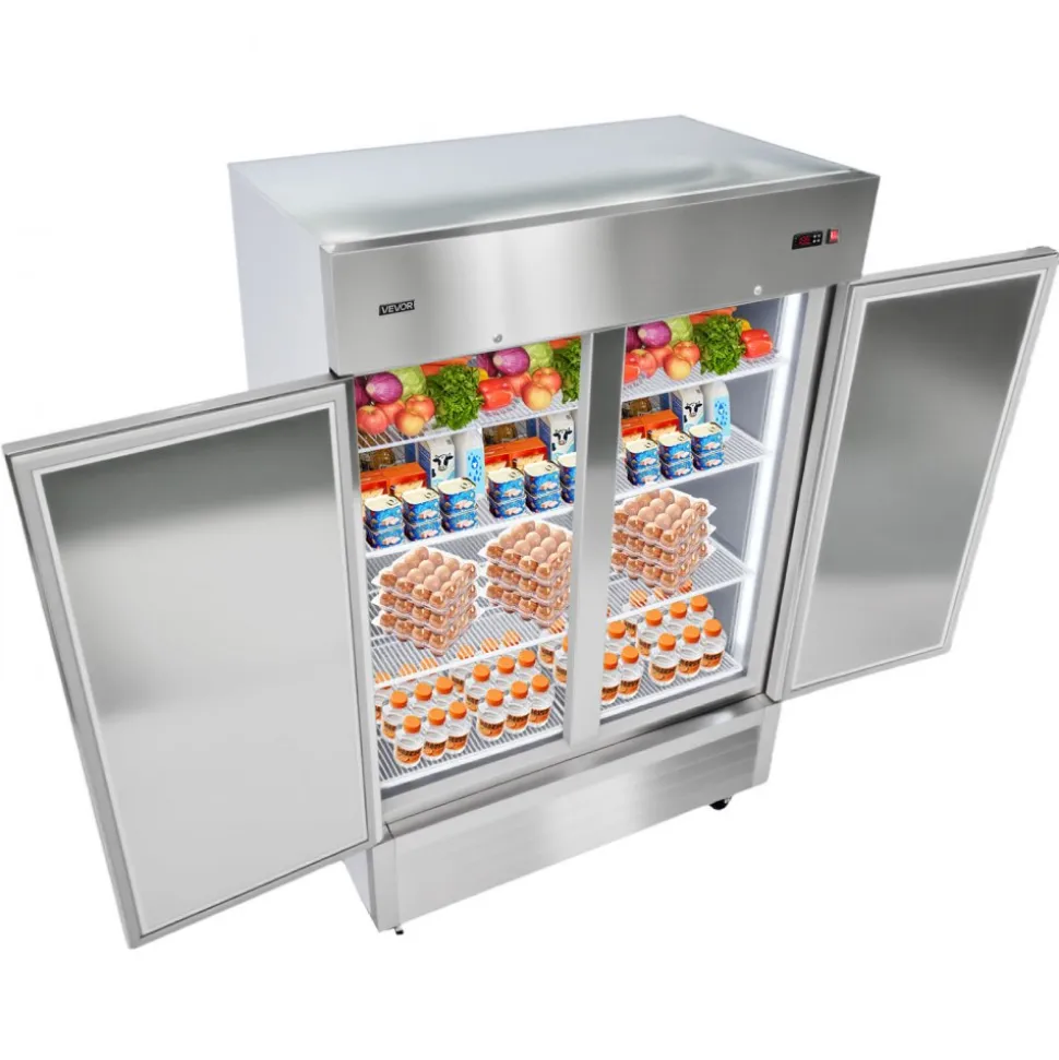 VEVOR Commercial Refrigerator, 32.2 in Width Reach In Upright Refrigeration Double Door, 43.2 Cu.ft Auto-Defrost Stainless Steel Refrigerator with 8 Adjustable Shelves, 32 to 50℉ Temp Range, 4 Wheels