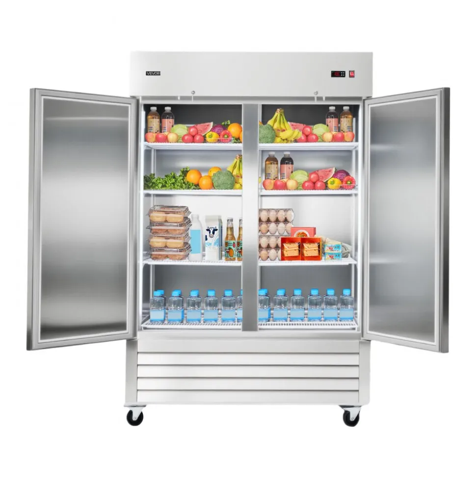 VEVOR Commercial Refrigerator, 32.2 in Width Reach In Upright Refrigeration Double Door, 43.2 Cu.ft Auto-Defrost Stainless Steel Refrigerator with 8 Adjustable Shelves, 32 to 50℉ Temp Range, 4 Wheels