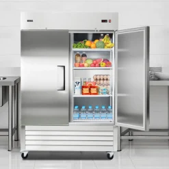 VEVOR Commercial Refrigerator, 32.2 in Width Reach In Upright Refrigeration Double Door, 43.2 Cu.ft Auto-Defrost Stainless Steel Refrigerator with 8 Adjustable Shelves, 32 to 50℉ Temp Range, 4 Wheels
