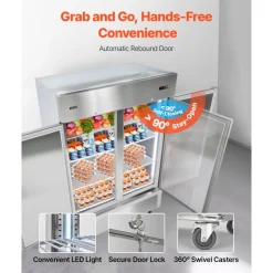 VEVOR Commercial Refrigerator, 32.2 in Width Reach In Upright Refrigeration Double Door, 43.2 Cu.ft Auto-Defrost Stainless Steel Refrigerator with 8 Adjustable Shelves, 32 to 50℉ Temp Range, 4 Wheels
