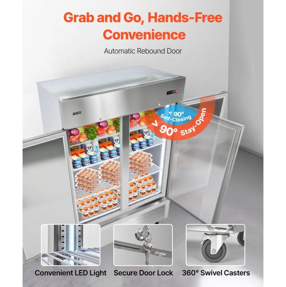 VEVOR Commercial Refrigerator, 32.2 in Width Reach In Upright Refrigeration Double Door, 43.2 Cu.ft Auto-Defrost Stainless Steel Refrigerator with 8 Adjustable Shelves, 32 to 50℉ Temp Range, 4 Wheels