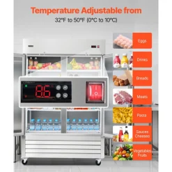 VEVOR Commercial Refrigerator, 32.2 in Width Reach In Upright Refrigeration Double Door, 43.2 Cu.ft Auto-Defrost Stainless Steel Refrigerator with 8 Adjustable Shelves, 32 to 50℉ Temp Range, 4 Wheels