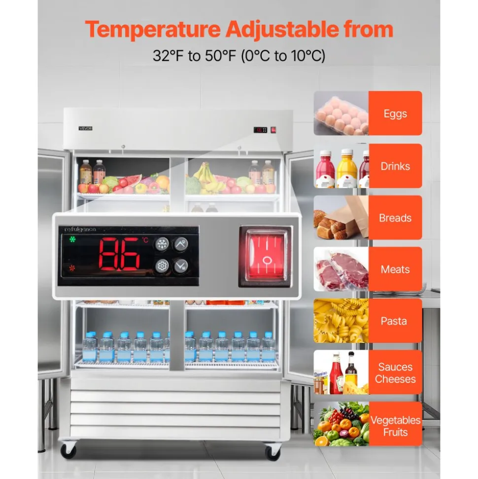 VEVOR Commercial Refrigerator, 32.2 in Width Reach In Upright Refrigeration Double Door, 43.2 Cu.ft Auto-Defrost Stainless Steel Refrigerator with 8 Adjustable Shelves, 32 to 50℉ Temp Range, 4 Wheels