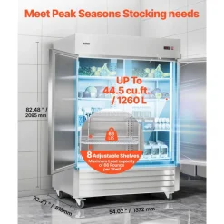 VEVOR Commercial Refrigerator, 32.2 in Width Reach In Upright Refrigeration Double Door, 43.2 Cu.ft Auto-Defrost Stainless Steel Refrigerator with 8 Adjustable Shelves, 32 to 50℉ Temp Range, 4 Wheels