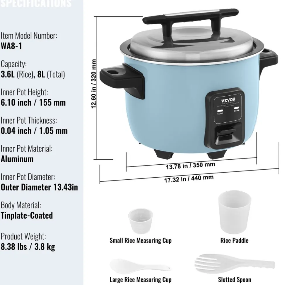 VEVOR Commercial Rice Cooker, 40-Cup Rice Cooker, 8.45 Qt / 8 Liter Large Rice Cooker and Warmer with Nonstick Inner Pot, Fast Cooking and 24-Hour Keep Warm, with Rice Cup and Paddle, for Restaurant