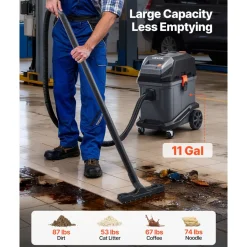 VEVOR Commercial Shop Vac, 11 Gallon Wet Dry Shop Vacuum, 5.5 Peak HP Portable with One-Button Self-Cleaning, 1350W Input, 1.25in x 7ft Hose, 20ft Cord, Industrial-Grade for Jobsite, Workshop