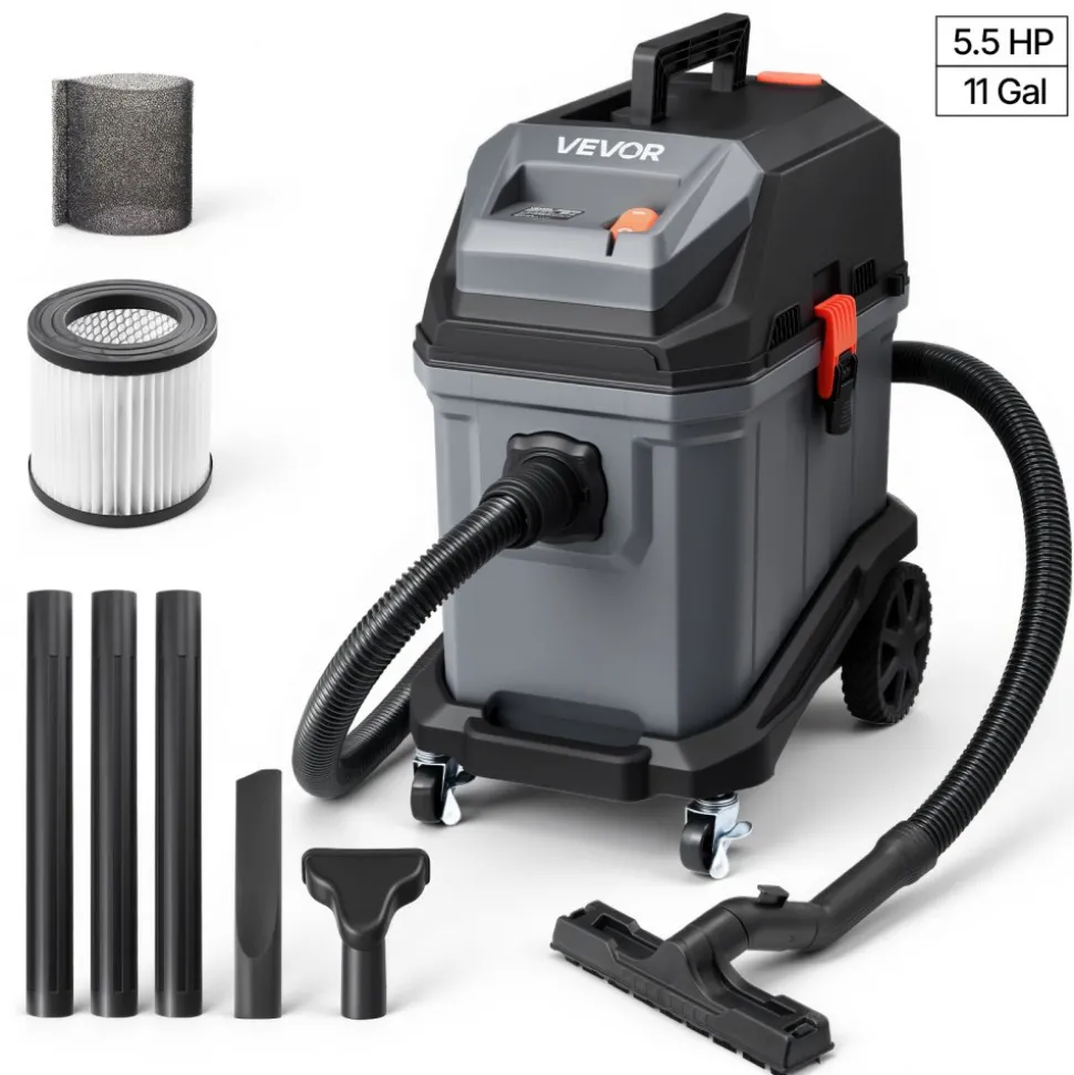 VEVOR Commercial Shop Vac, 11 Gallon Wet Dry Shop Vacuum, 5.5 Peak HP Portable with One-Button Self-Cleaning, 1350W Input, 1.25in x 7ft Hose, 20ft Cord, Industrial-Grade for Jobsite, Workshop