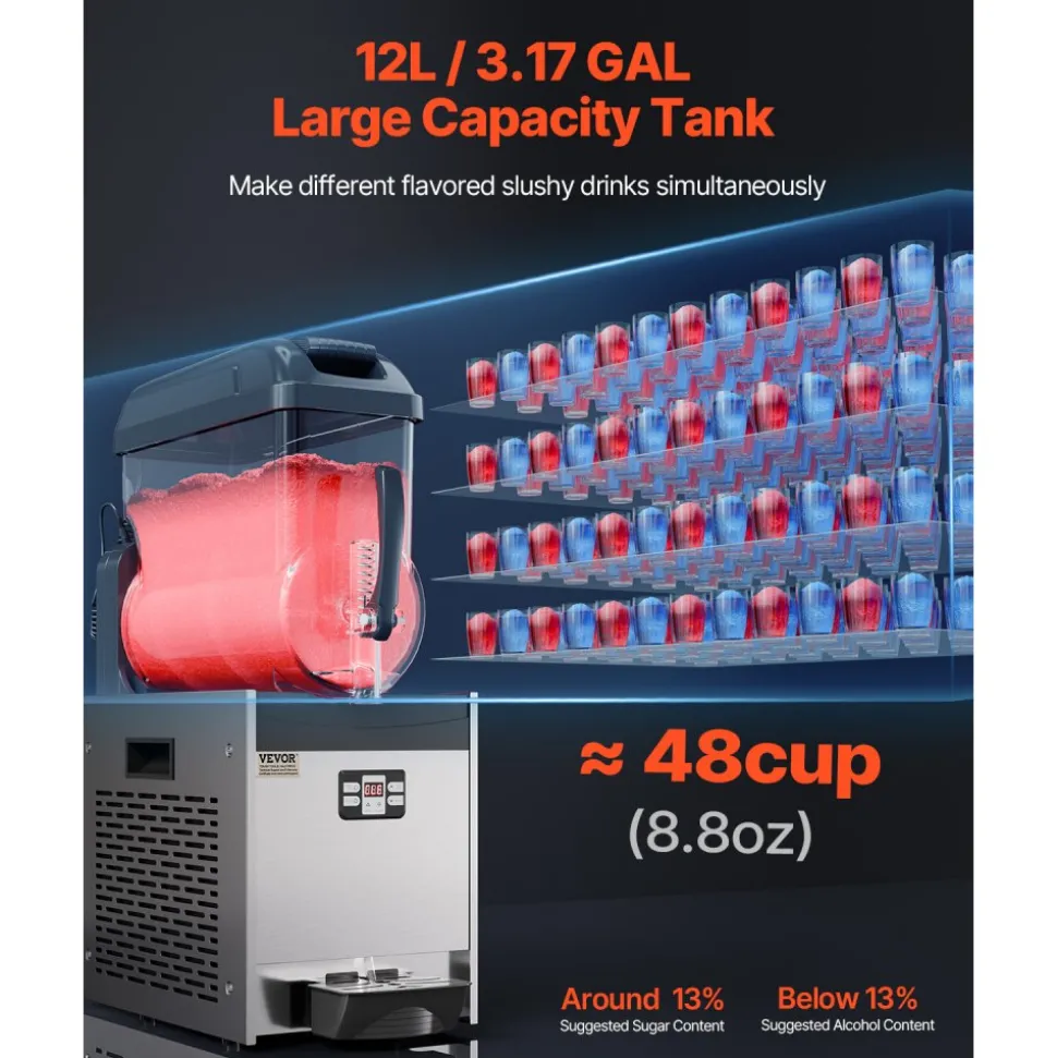 VEVOR Commercial Slushy Machine, 12L Single Tank Frozen Drink Machine, 48 Cups Stainless Steel Margarita Smoothie Frozen Drink Maker, Slushie Maker for Home Party Restaurants Cafe Bars