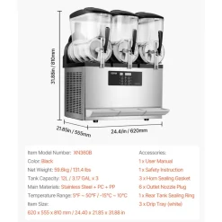 VEVOR Commercial Slushy Machine, 12Lx3 Triple Tank Frozen Drink Machine, 144 Cups Stainless Steel Margarita Smoothie Frozen Drink Maker, Slushie Maker for Home Party Restaurants Cafe Bars