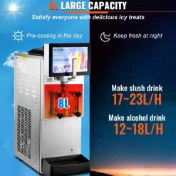 VEVOR Commercial Slushy Machine, 8L / 2.1 Gal Single Bowl, Cool and Freeze Modes, 1050W Stainless Steel Margarita Smoothie Frozen Drink Maker, Slushie Machine for Party Cafes Restaurants Bars Home
