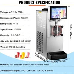 VEVOR Commercial Slushy Machine, 8L / 2.1 Gal Single Bowl, Cool and Freeze Modes, 1050W Stainless Steel Margarita Smoothie Frozen Drink Maker, Slushie Machine for Party Cafes Restaurants Bars Home