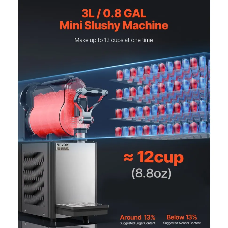 VEVOR Commercial Slushy Machine, 3L Single Tank Frozen Drink Machine, 12 Cups Stainless Steel Margarita Smoothie Frozen Drink Maker, Slushie Maker for Home Party Restaurants Cafe Bars