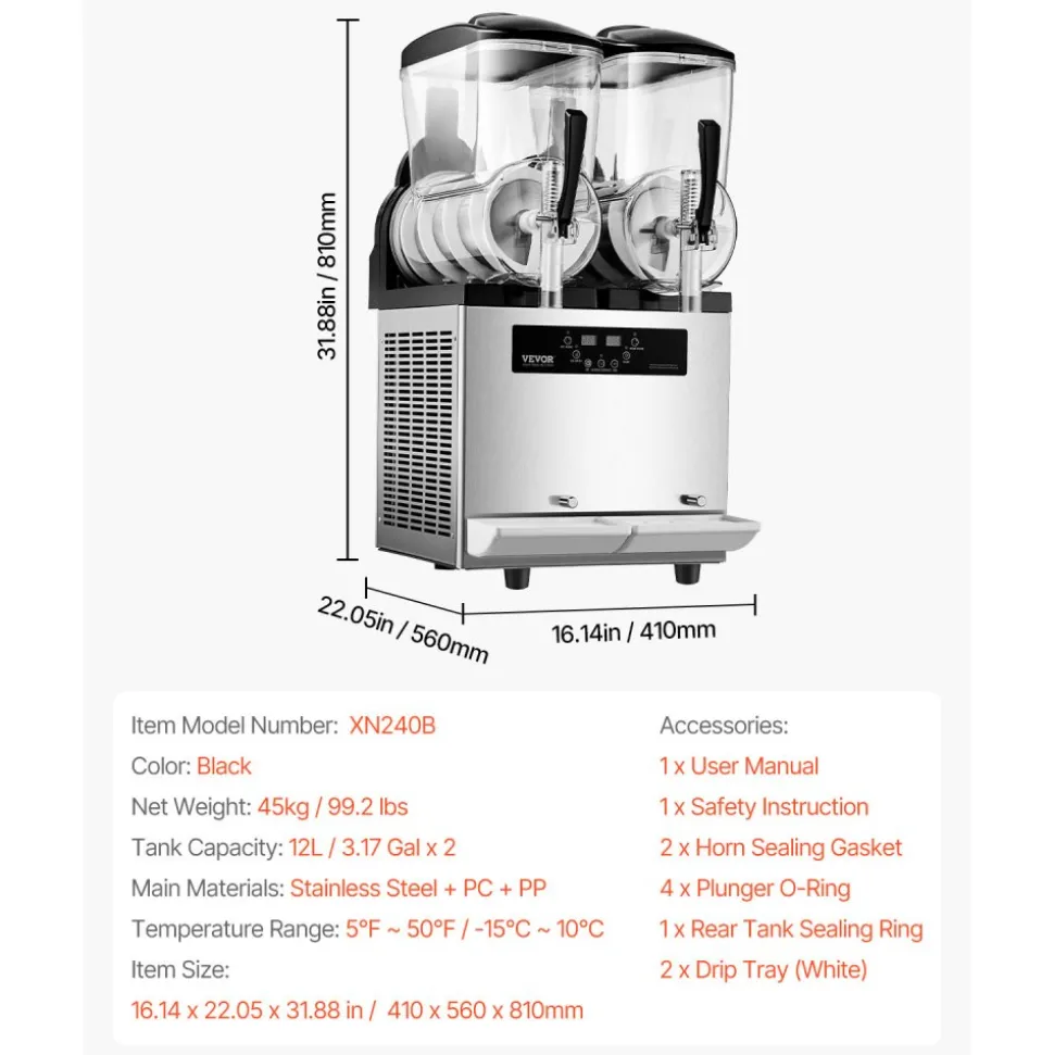 VEVOR Commercial Slushy Machine, 12Lx2 Double Tank Frozen Drink Machine, 96 Cups Stainless Steel Margarita Smoothie Frozen Drink Maker, Slushie Maker for Home Party Restaurants Cafe Bars