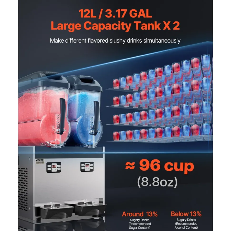 VEVOR Commercial Slushy Machine, 12Lx2 Double Tank Frozen Drink Machine, 96 Cups Stainless Steel Margarita Smoothie Frozen Drink Maker, Slushie Maker for Home Party Restaurants Cafe Bars