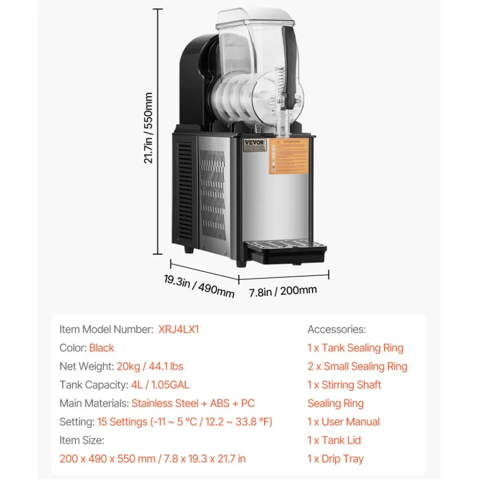 VEVOR Commercial Slushy Machine, 4L Single Tank Frozen Drink Machine, 16 Cups Stainless Steel Margarita Smoothie Frozen Drink Maker, Slushie Maker for Home Party Restaurants Cafe Bars