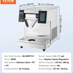 VEVOR Commercial Snowflake Ice Machine, 573LBS/24H Snowflake Ice Maker, Stainless Steel Ice Shaver Machine, Electric Snow Cone Maker, Air Cooling System for Rapid Heat Dissipation, for Bakery, Cafe