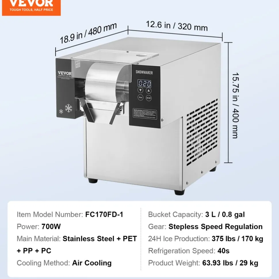 VEVOR Commercial Snowflake Ice Machine, 375LBS/24H Snowflake Ice Maker, Stainless Steel Ice Shaver Machine, Electric Snow Cone Maker, Air Cooling System for Rapid Heat Dissipation, for Bakery, Cafe