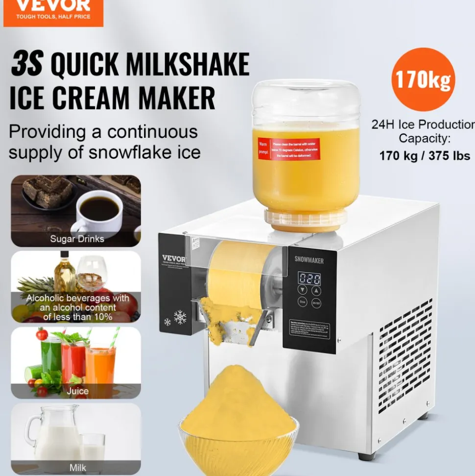 VEVOR Commercial Snowflake Ice Machine, 375LBS/24H Snowflake Ice Maker, Stainless Steel Ice Shaver Machine, Electric Snow Cone Maker, Air Cooling System for Rapid Heat Dissipation, for Bakery, Cafe