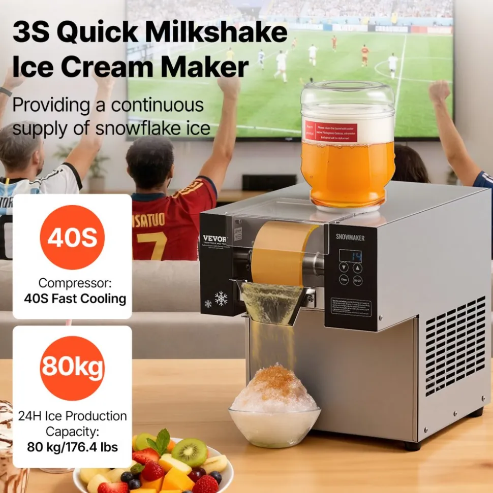 VEVOR Commercial Snowflake Ice Machine, 176.4LBS/24H Snowflake Ice Maker, Stainless Steel Ice Shaver Machine, Electric Snow Cone Maker, Air Cooling System for Rapid Heat Dissipation, for Bakery, Cafe