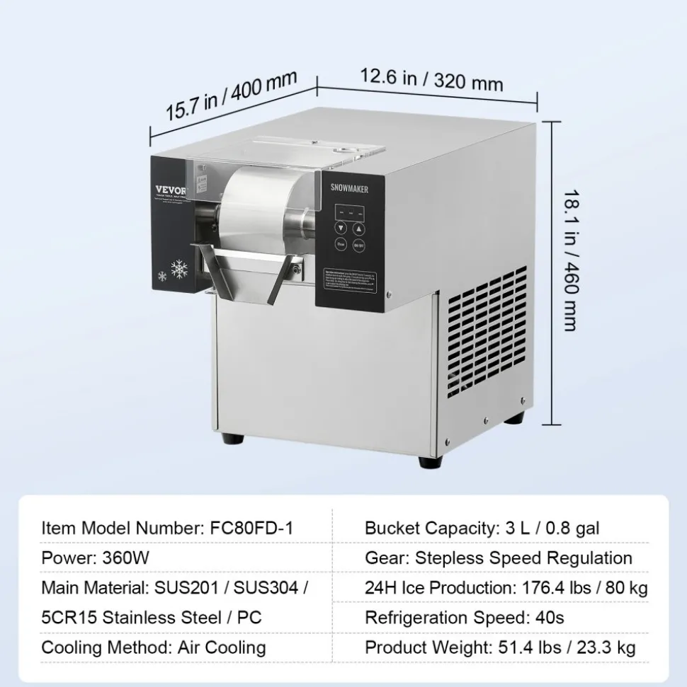 VEVOR Commercial Snowflake Ice Machine, 176.4LBS/24H Snowflake Ice Maker, Stainless Steel Ice Shaver Machine, Electric Snow Cone Maker, Air Cooling System for Rapid Heat Dissipation, for Bakery, Cafe