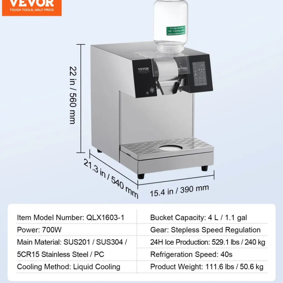 VEVOR Commercial Snowflake Ice Machine, 397LBS/24H Snowflake Ice Maker, Stainless Steel Ice Shaver Machine, Electric Snow Cone Maker, Air Cooling System for Rapid Heat Dissipation, for Bakery, Cafe