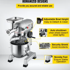 VEVOR Commercial Stand Mixer, 20Qt Stainless Steel Bowl, 1100W 2 in 1 Multifunctional Electric Food Mixer with Meat Grinder & 3 Speeds, Dough Hook Whisk Beater Included, Perfect for Bakery Pizzeria
