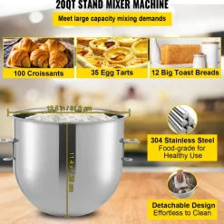 VEVOR Commercial Stand Mixer, 20Qt Stainless Steel Bowl, 1100W 2 in 1 Multifunctional Electric Food Mixer with Meat Grinder & 3 Speeds, Dough Hook Whisk Beater Included, Perfect for Bakery Pizzeria