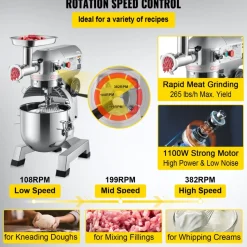VEVOR Commercial Stand Mixer, 20Qt Stainless Steel Bowl, 1100W 2 in 1 Multifunctional Electric Food Mixer with Meat Grinder & 3 Speeds, Dough Hook Whisk Beater Included, Perfect for Bakery Pizzeria