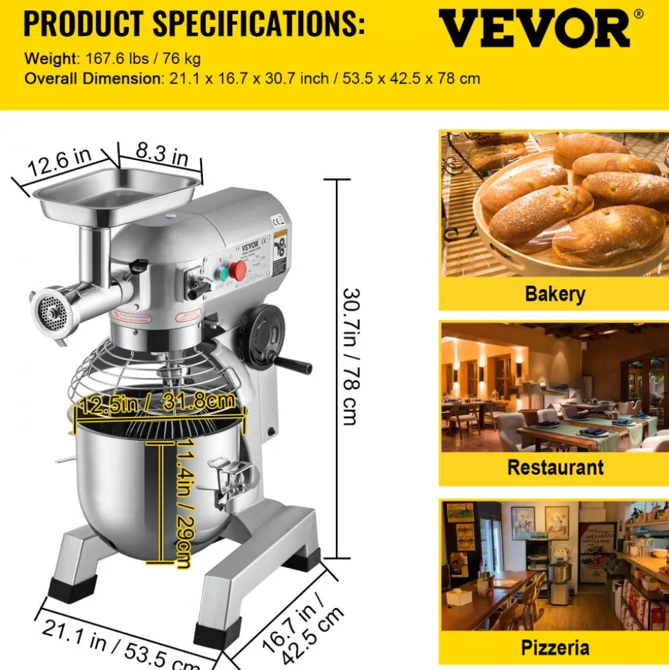 VEVOR Commercial Stand Mixer, 20Qt Stainless Steel Bowl, 1100W 2 in 1 Multifunctional Electric Food Mixer with Meat Grinder & 3 Speeds, Dough Hook Whisk Beater Included, Perfect for Bakery Pizzeria