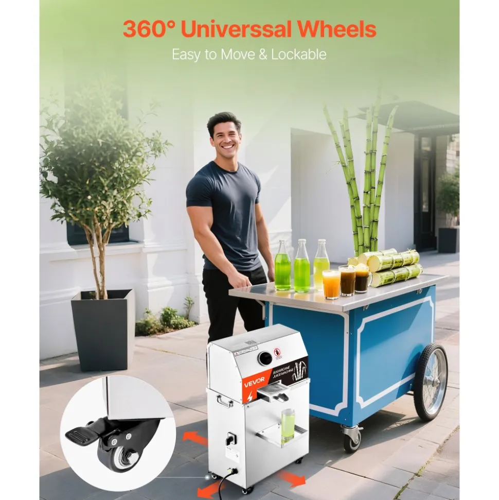 VEVOR Commercial Sugar Cane Juicer, 800W Electric Sugarcane Juicer Machine with 661LBS/H High Output, 3 Stainless Steel Rollers, Sugar Cane Press Juice Extractor Squeezer on Wheels for Home/Commercial