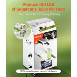 VEVOR Commercial Sugar Cane Juicer, 800W Electric Sugarcane Juicer Machine with 661LBS/H High Output, 3 Stainless Steel Rollers, Sugar Cane Press Juice Extractor Squeezer on Wheels for Home/Commercial