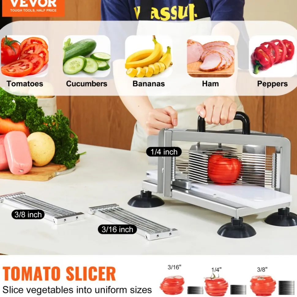 VEVOR Commercial Tomato Slicer, 1/4"+3/8"+3/16" Tomato Cutter Slicer, Stainless Steel Heavy Duty Tomato Slicer Machine, Manual Tomato Slicer with Non-slip Feet, Cutting Tomatoes, Cucumbers, Bananas