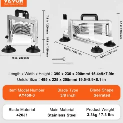 VEVOR Commercial Tomato Slicer, 3/8 inch Tomato Cutter Slicer, Stainless Steel Heavy Duty Tomato Slicer Machine, Manual Tomato Slicer with Non-slip Feet, for Cutting Tomatoes, Cucumbers, Bananas