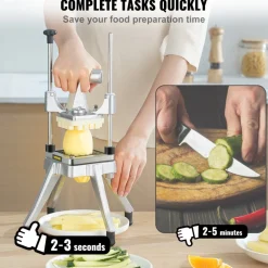 VEVOR Commercial Vegetable Fruit Chopper, Stainless Steel French Fry Cutter with 4 Blades 1/4" 3/8" 1/2", 6-wedge Slicer, Chopper Dicer with Tray, Heavy Duty Cutter for Potato Tomato Onion Mushroom