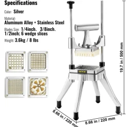 VEVOR Commercial Vegetable Fruit Chopper, Stainless Steel French Fry Cutter with 4 Blades 1/4