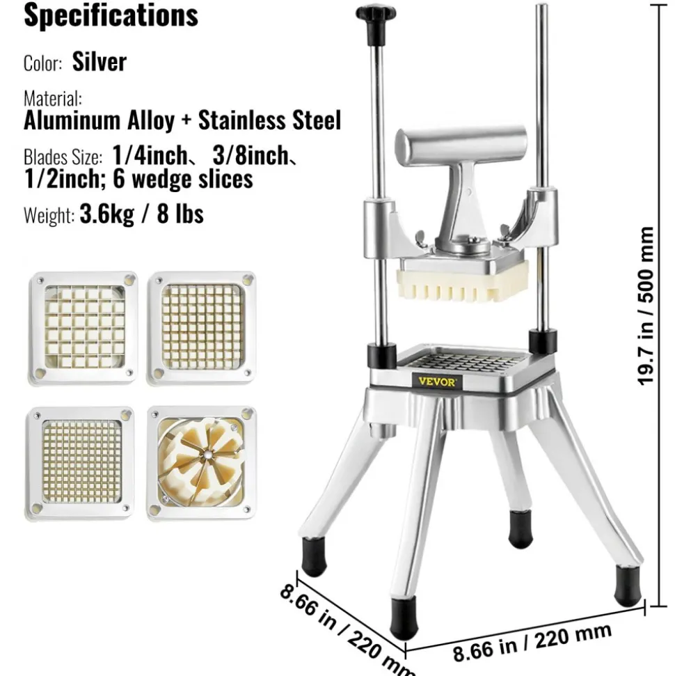 VEVOR Commercial Vegetable Fruit Chopper, Stainless Steel French Fry Cutter with 4 Blades 1/4" 3/8" 1/2", 6-wedge Slicer, Chopper Dicer with Tray, Heavy Duty Cutter for Potato Tomato Onion Mushroom