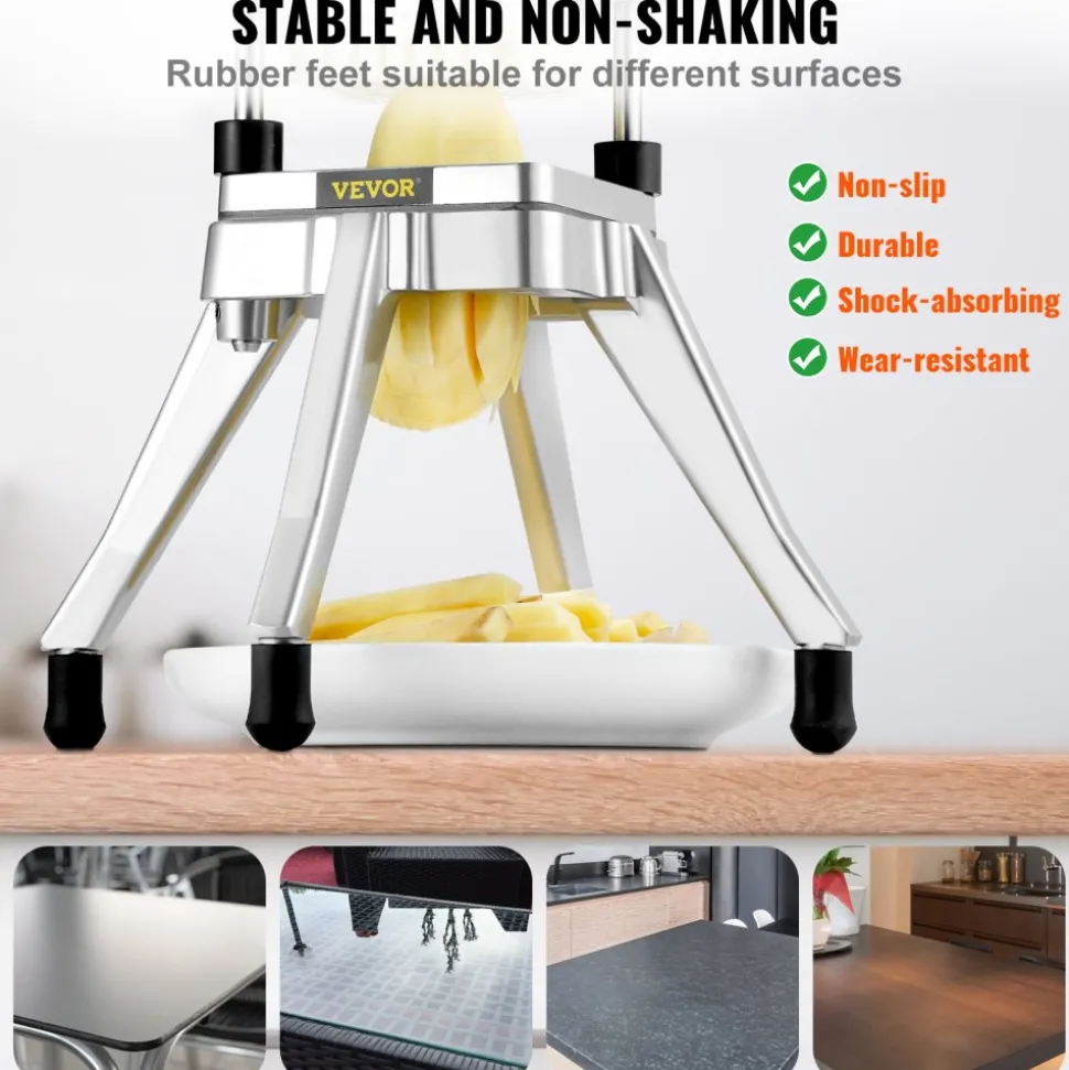 VEVOR Commercial Vegetable Fruit Chopper, Stainless Steel French Fry Cutter with 4 Blades 1/4" 3/8" 1/2", 6-wedge Slicer, Chopper Dicer with Tray, Heavy Duty Cutter for Potato Tomato Onion Mushroom