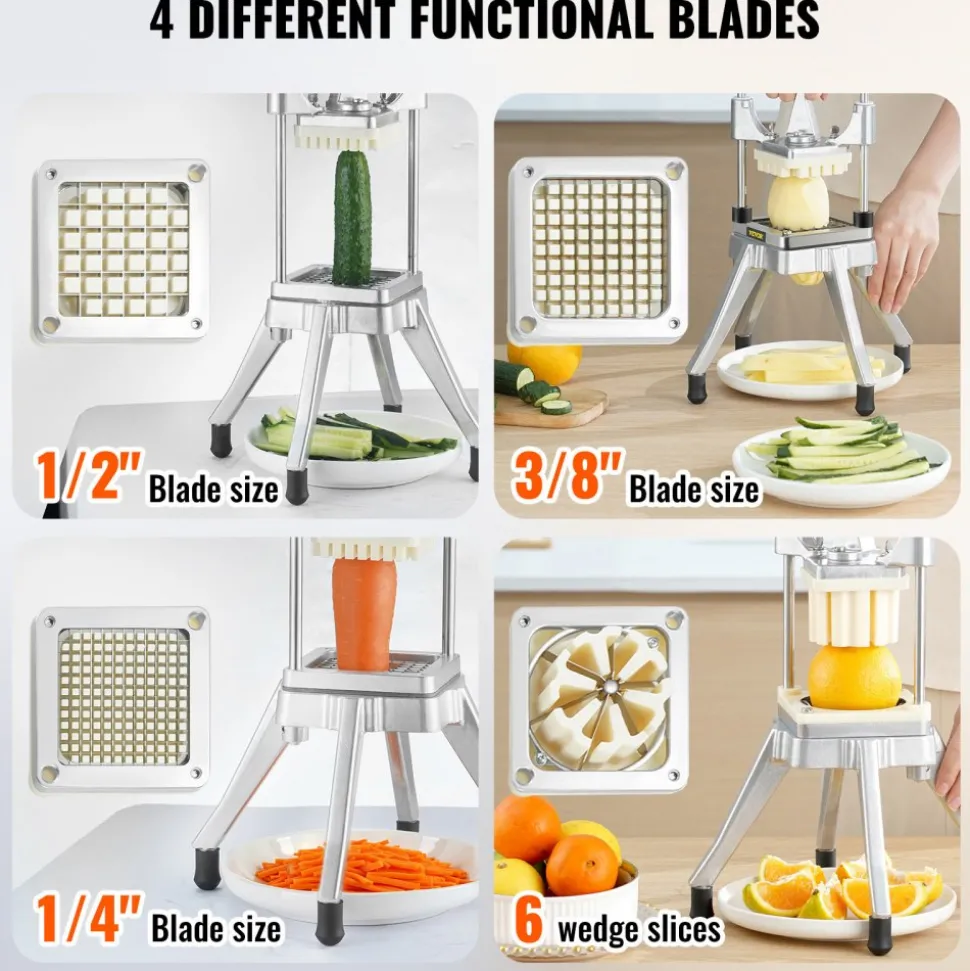 VEVOR Commercial Vegetable Fruit Chopper, Stainless Steel French Fry Cutter with 4 Blades 1/4" 3/8" 1/2", 6-wedge Slicer, Chopper Dicer with Tray, Heavy Duty Cutter for Potato Tomato Onion Mushroom