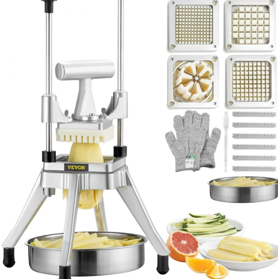 VEVOR Commercial Vegetable Fruit Chopper, Stainless Steel French Fry Cutter with 4 Blades 1/4" 3/8" 1/2", 6-wedge Slicer, Chopper Dicer with Tray, Heavy Duty Cutter for Potato Tomato Onion Mushroom
