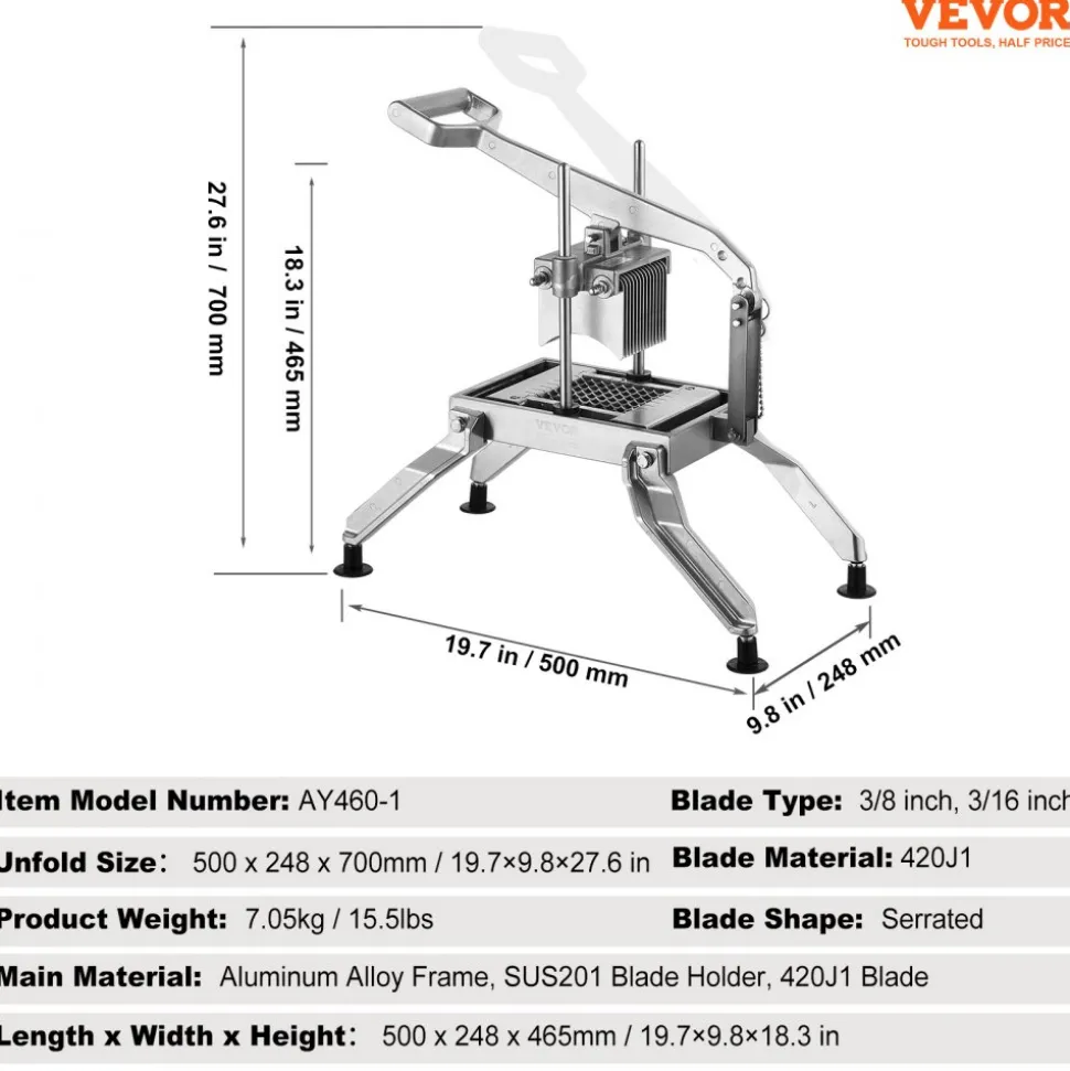 VEVOR Commercial Vegetable Slicer, 3/8" and 3/16" Tomato Slicer, Stainless Steel and Aluminum Alloy Vegetable Cutter Slicer, Manual Tomato Slicer with Non-slip Feet, for Tomatoes, Potatoes, Onions