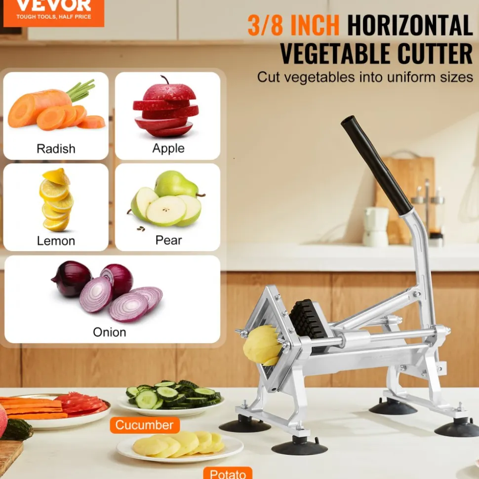VEVOR Commercial Vegetable Slicer, 3/8 inch Fruit Slicer, Stainless Steel and Aluminum Alloy Vegetable Cutter Slicer Machine, Manual Slicer with Non-slip Feet, for Radishes, Onions, Potatoes, Lemons