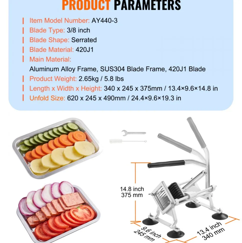 VEVOR Commercial Vegetable Slicer, 3/8 inch Fruit Slicer, Stainless Steel and Aluminum Alloy Vegetable Cutter Slicer Machine, Manual Slicer with Non-slip Feet, for Radishes, Onions, Potatoes, Lemons