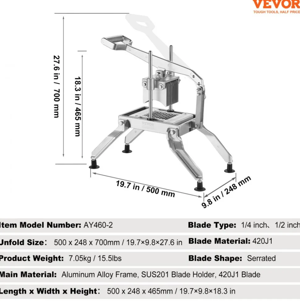 VEVOR Commercial Vegetable Slicer, 1/4 and 1/2 inch Tomato Slicer, Stainless Steel and Aluminum Alloy Vegetable Cutter Slicer, Manual Tomato Slicer with Non-slip Feet, for Tomatoes, Onions, Potatoes