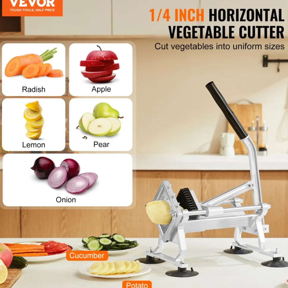 VEVOR Commercial Vegetable Slicer, 1/4 inch Fruit Slicer, Stainless Steel and Aluminum Alloy Vegetable Cutter Slicer Machine, Manual Slicer with Non-slip Feet, for Radishes, Onions, Potatoes, Lemons