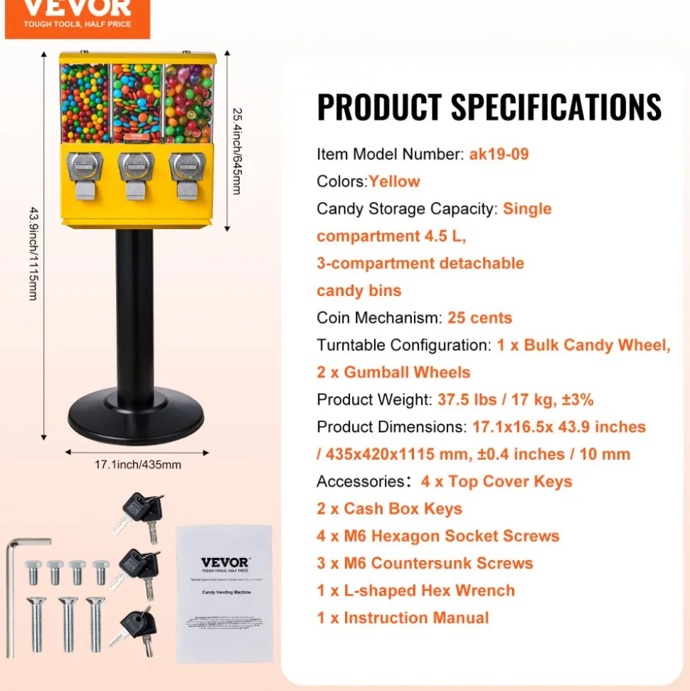 VEVOR Commercial Vending Machine, Triple Compartment Candy Dispenser with Iron Stand, Gumball and Candy Machine for Business, Coin Operated Gumball Bank for Toy Capsules Bouncy Balls Candy Nut, Yellow